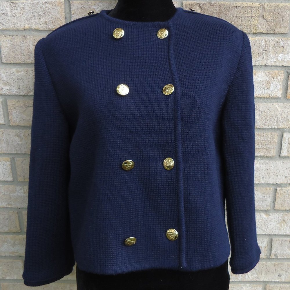 SIZE L. KATRINA 100% wool blazer jacket with gold buttons.